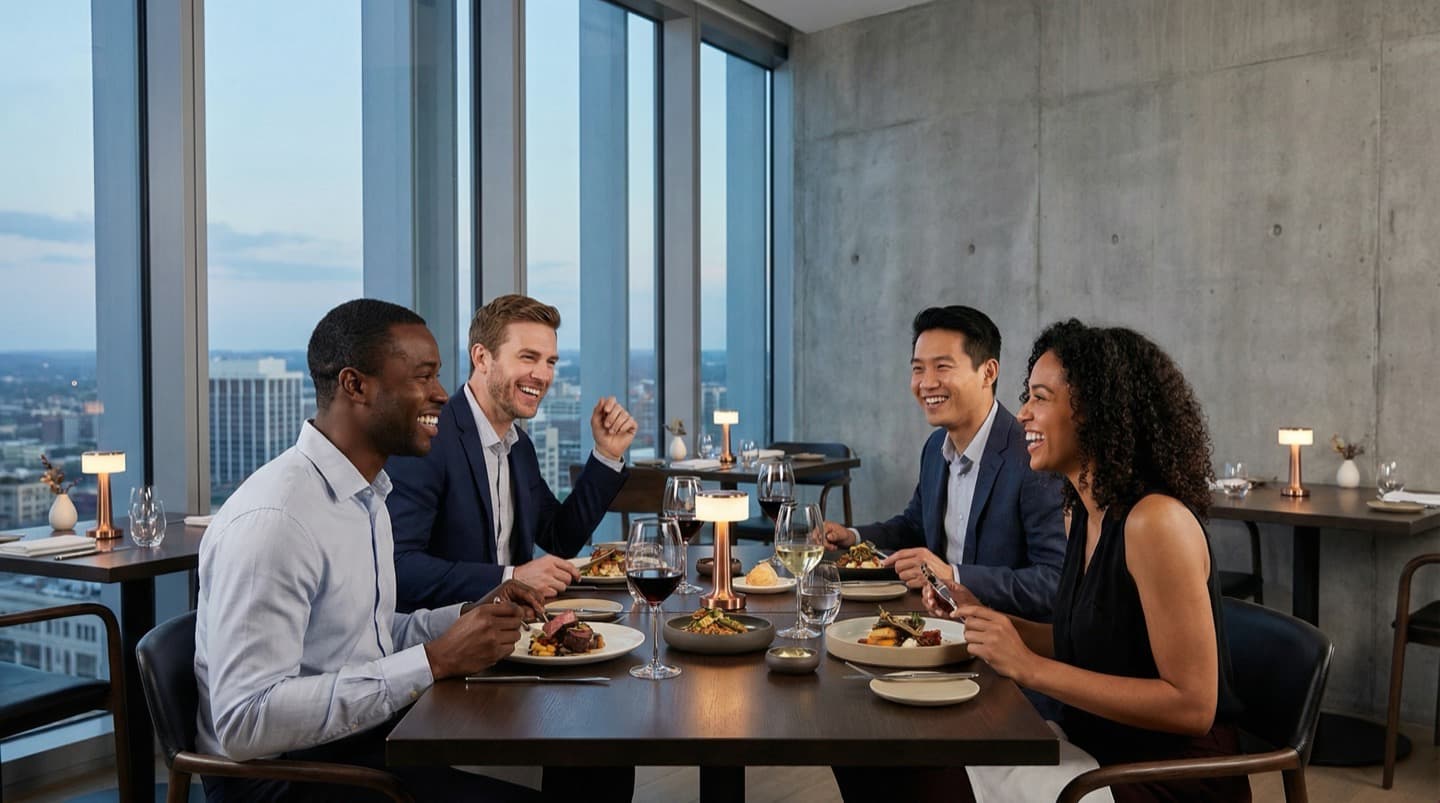 Gezelschap geniet van een diner in een modern restaurant met stadsuitzicht