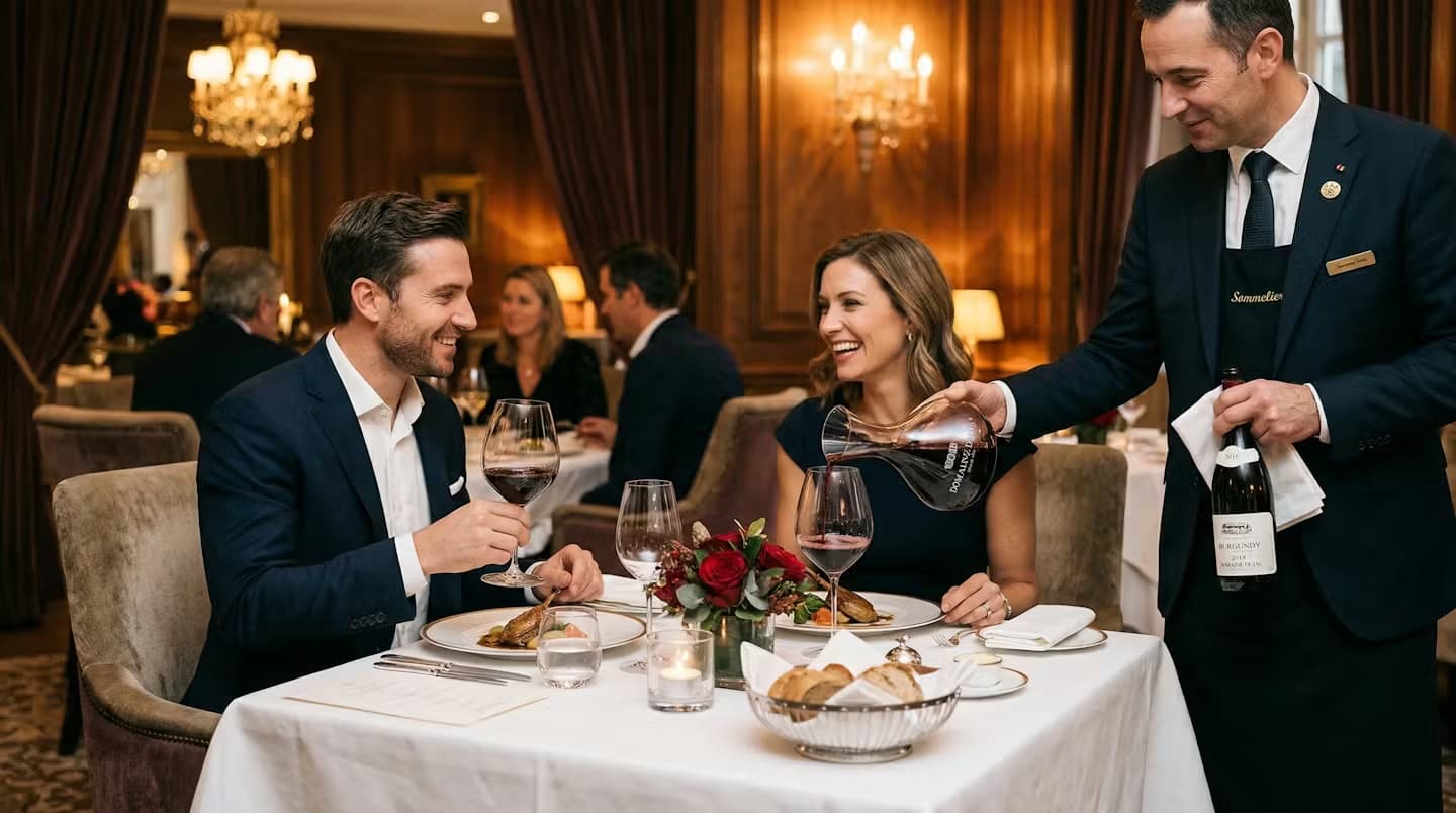 Fine dining restaurant met sommelier die wijn schenkt bij kaarslicht